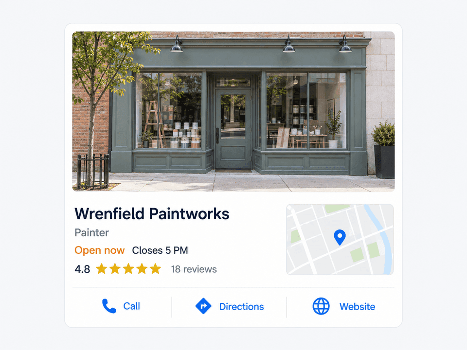 Compact Google style business card for fictional Wrenfield Paintworks with a shop photo, Open now, a modest fictional review count and call controls.