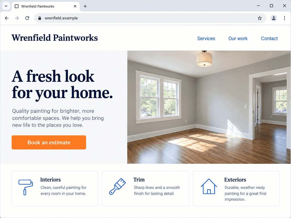 Fictional Wrenfield Paintworks website in a browser shows an empty painted room, service navigation and a Book an estimate button.