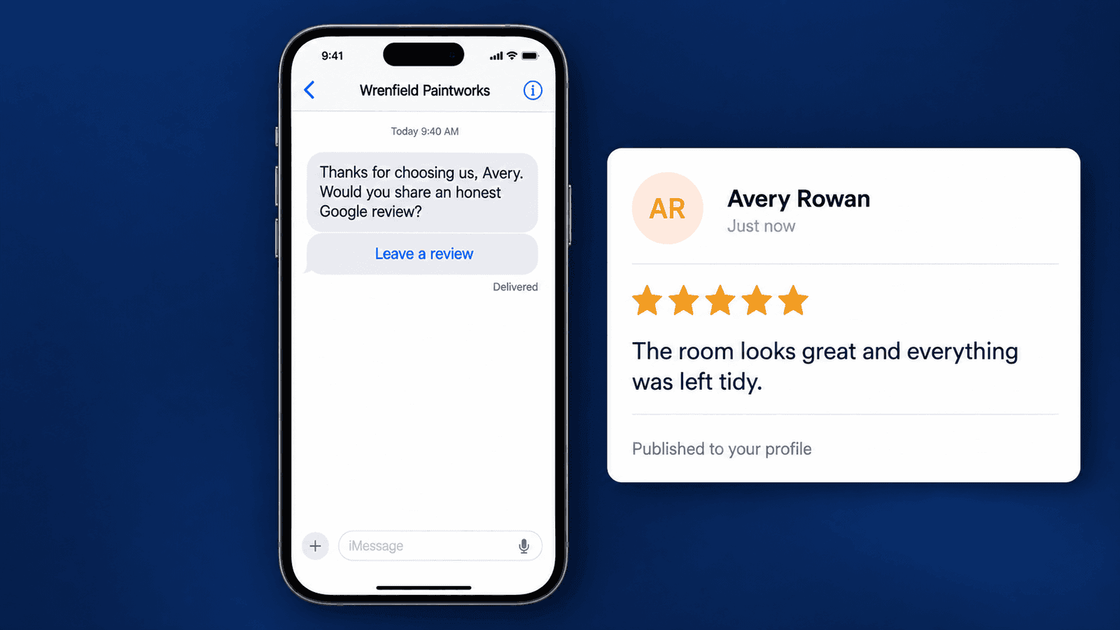Review request text for fictional Wrenfield Paintworks beside one Google style customer review marked Published to your profile.