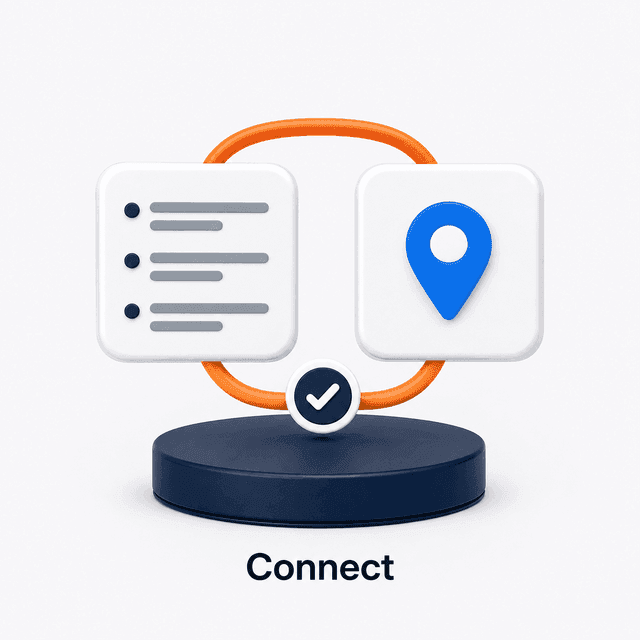 Illustrated connected customer list and generic business map pin.