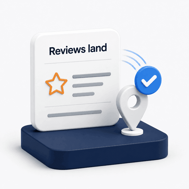 Illustrated review card arriving beside a generic business map pin.