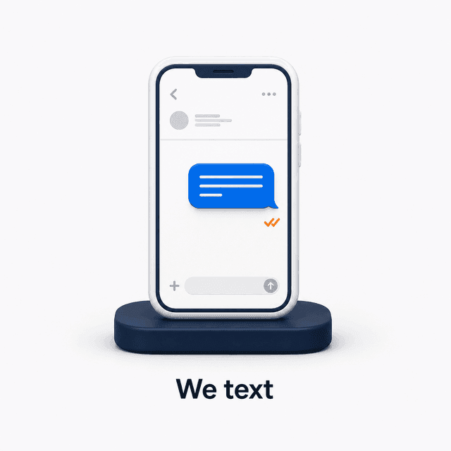 Illustrated phone sending a review request text with a delivery check.