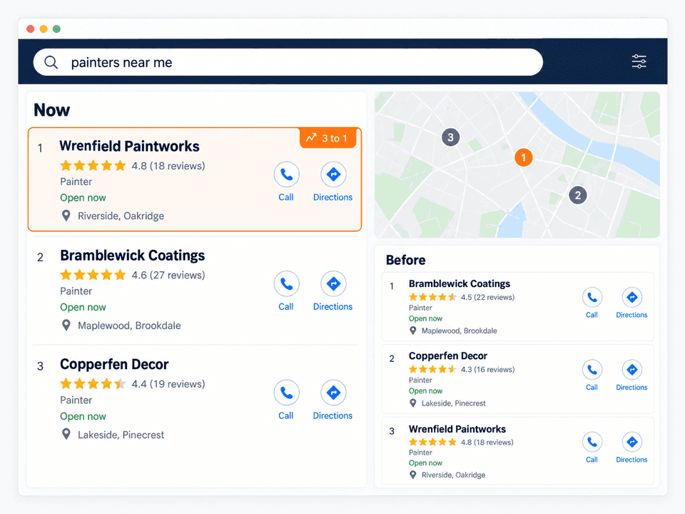 Fictional painters near me search results show Wrenfield Paintworks moving from third to first in a before and after app view.