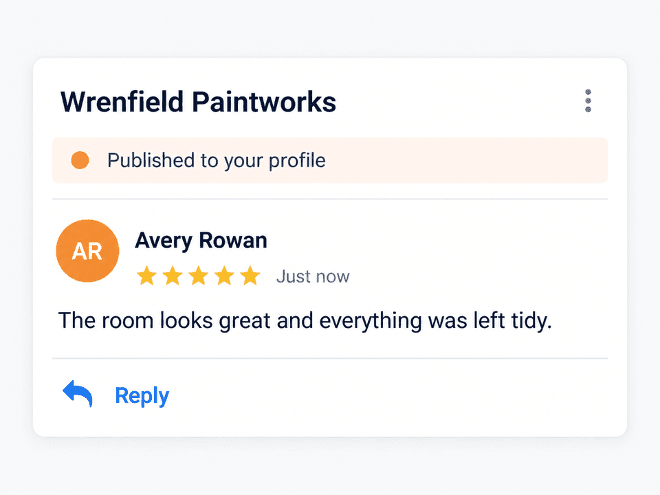 One five star Google style review by fictional Avery Rowan for Wrenfield Paintworks, marked Published to your profile.