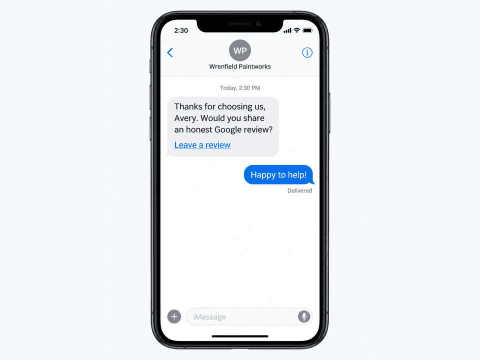 Fictional Wrenfield Paintworks sends Avery a review request by text with a Leave a review link.